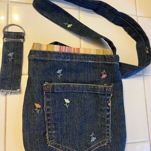 Blue Denim Embroidered Crossbody Bag With Keychain Fob Charm Flowers